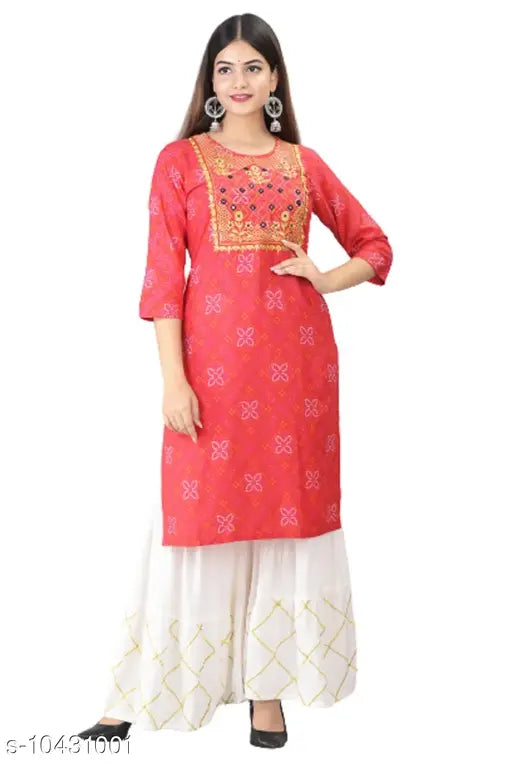 Red rayon slub kurta with sharara, long sleeve, side pockets