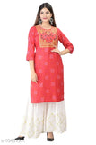 Red rayon slub kurta with sharara, long sleeve, side pockets