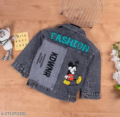 Denim jacket with Mickey Mouse graphic, light blue jeans, styled on mannequin