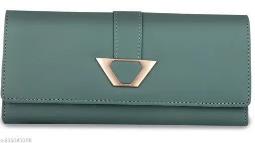 Green artificial leather clutch wallet with six card slots and a phone pocket