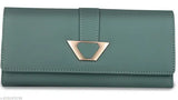 Green artificial leather clutch wallet with six card slots and a phone pocket