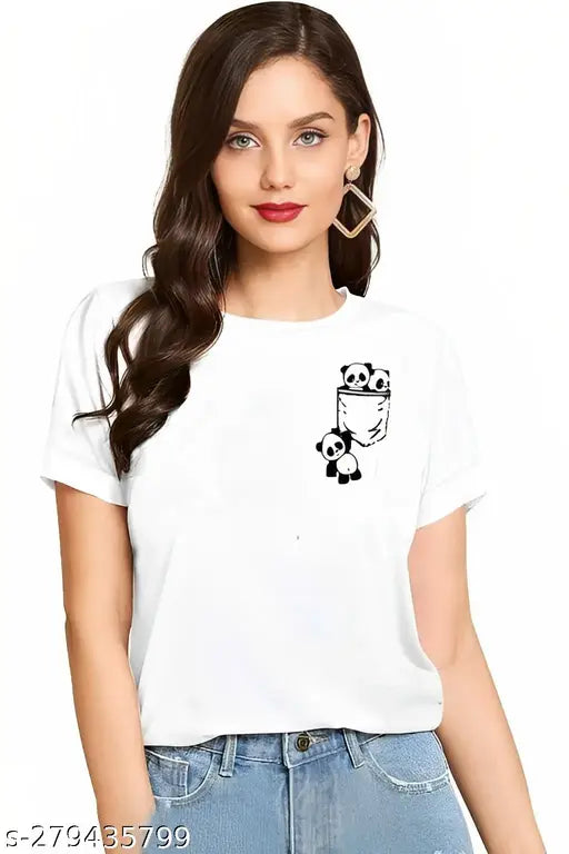 Pink polyester panda printed t-shirt for women and girls, trendy pocket design on clothing rack