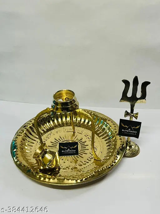 Brass Shivalingam Abhishekam Stand with Kalashm Lota, Om Design Pooja Plate, and Shivaling Idol for Puja - Indian puja accessory for Shivratri or Sawan