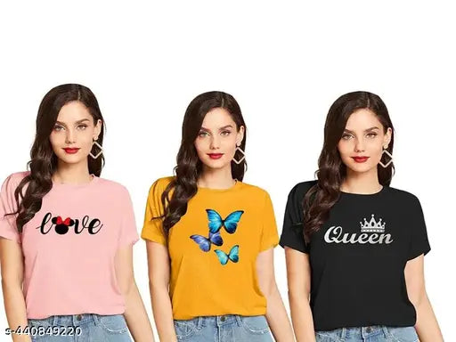 Stylish traditional printed cotton t-shirt pack for women & girls (3 pcs), Indian-inspired design, short sleeves, sizes S-XL