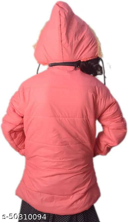 Pink hooded girls' jacket with a large hood, suitable for winter wear
