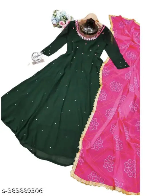 Green bandhani dupatta with pink trim and gold embellishments