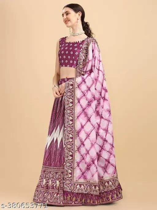 Purple satin digital print crush designer lehenga choli with floral top and chevron dupatta, free size, India origin