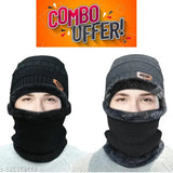 Ultra soft woolen unisex beanie cap & muffler scarf set, warm fur patterned winter accessory - India