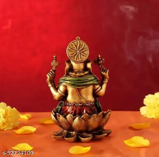 Resin Lord Ganesha idol sitting on lotus flower, 4.5 x 7 inch, perfect for home decor and Diwali Poojan
