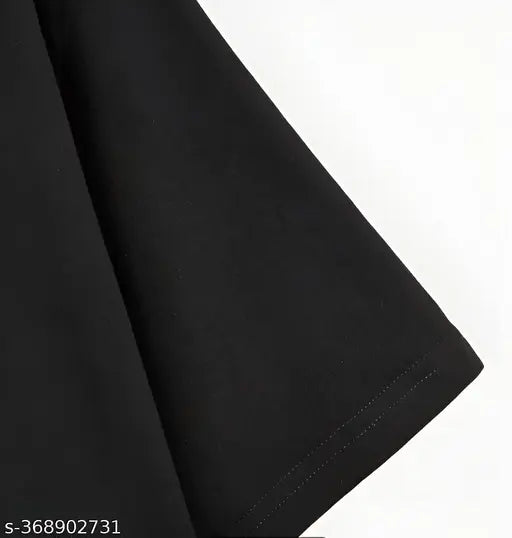 Man black polyester t-shirt, latest design, premium quality printed. Short sleeves, printed net pattern. Size M (Chest 39 in, Length 16 in), L (Chest 41 in, Length 17 in), XL (Chest 43 in, Length 18 in). Made in India