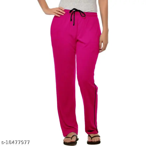 Pink cotton women's solid lower pajamas, black waistband