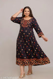 Yellow rayon plus-size formal gown, three-quarter sleeves, printed combo, ankle length, India origin