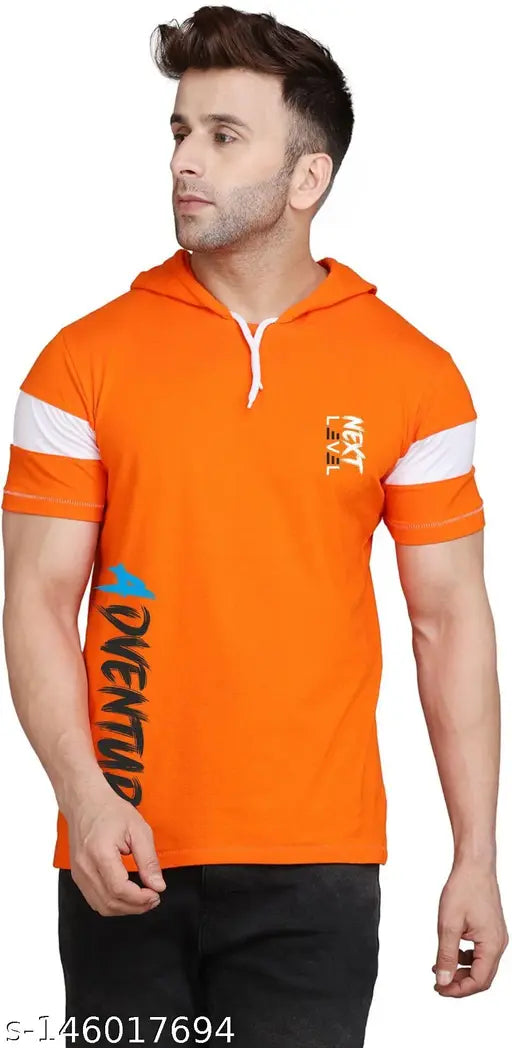 Orange cotton-blend half sleeve hooded neck t-shirt with solid printed design, ideal for men's fashion. Confident, stylish, and comfortable fit