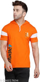 Orange cotton-blend half sleeve hooded neck t-shirt with solid printed design, ideal for men's fashion. Confident, stylish, and comfortable fit
