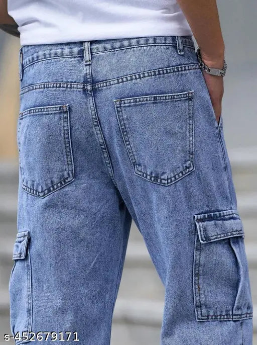 Ice blue denim men's pocket jeans, loose fit with vintage-inspired baggy style from Zara. Sizes include 28 (Waist 28in/Length 42in/Hip 38in), 30 (Waist 30in/Length 42in/Hip 40in), 32 (Waist 32in/Length 42in/Hip 42in), 34 (Waist 34in/Length 42in/Hip 44in). Made in India