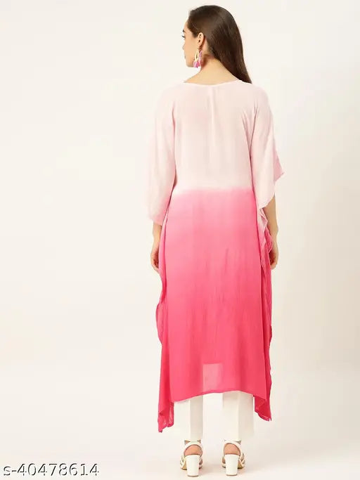 Ombre-pink tie-dyed crepe kaftan kurta, soft and stylish women's ethnic wear from Maaesa, India