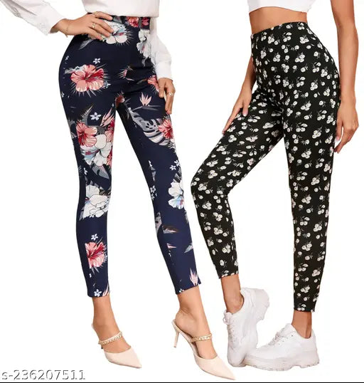 Stylish stretchable printed striped ankle-length yoga leggings combo pack (2pcs), lightweight and comfortable for gym wear, available in sizes 26, 28, 30, 32, 34, 36. Made in India