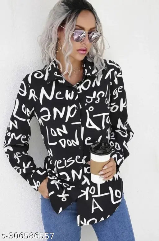 Stylish crepe long-sleeve printed shirt for women, India-origin, size N in XS, S, M, L on display