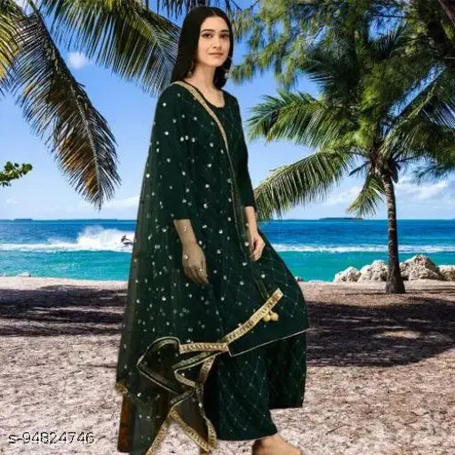 Attractive rayon and net embroidered kurta set with palazzos, three-quarter sleeves. Indian women's fashion for sizes S to XXXL