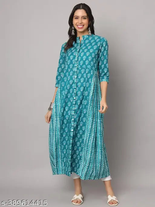 Cotton blend women's printed gown kurta with three-quarter sleeves, vibrant Indian combo, available in multiple sizes (S-5XL). Perfect for shopping 3/4 sleeves kurti online in India