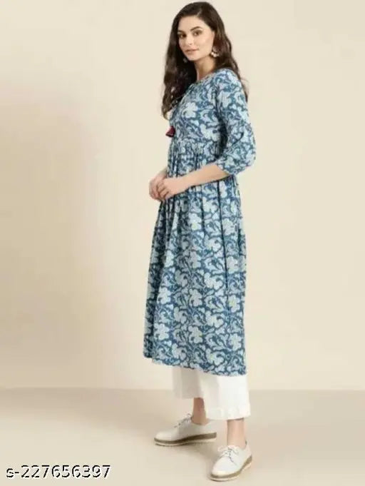 Blue AnraKli Kurta with White Palazzo, Rayon fabric, printed combo, V-neck style, three-quarter sleeves, high demandable quality