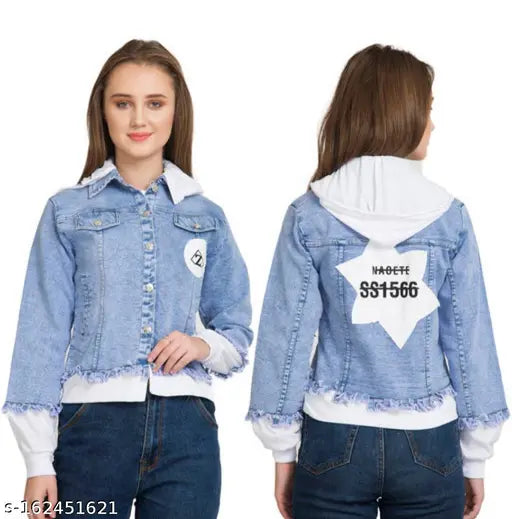 Trendy solid denim jacket for women & girls, long sleeves, India-made fashion jacket on hanger