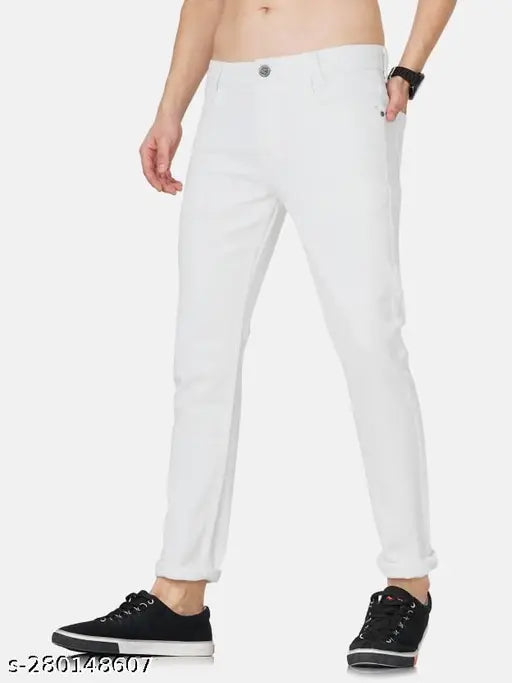 clean white denim jean for young men, mid-rise with five pockets, button waist closure, solid pattern, clean wash, origin in India - size 28/waist 28in, length 42in