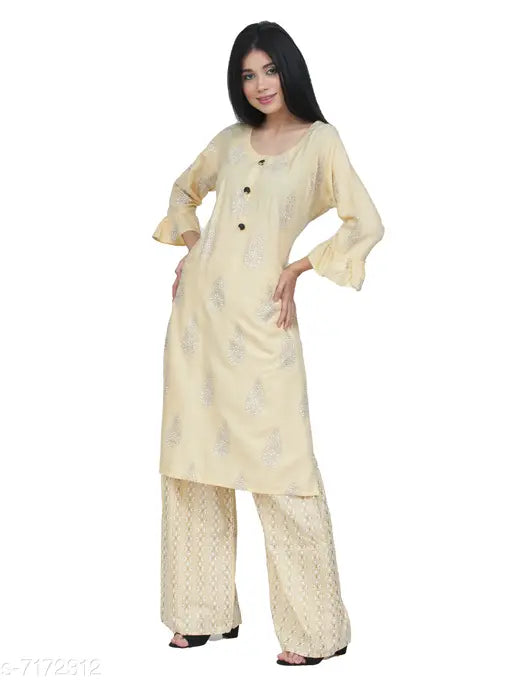 Women's rayon straight yellow palazzo kurta set with printed net, three-quarter sleeves, India-made
