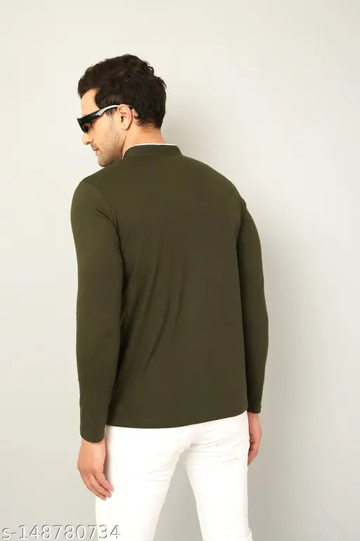 Green cotton blend solid henley t-shirt for men, AUSK dark green & white mandarin collar with long sleeves