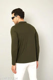 Green cotton blend solid henley t-shirt for men, AUSK dark green & white mandarin collar with long sleeves