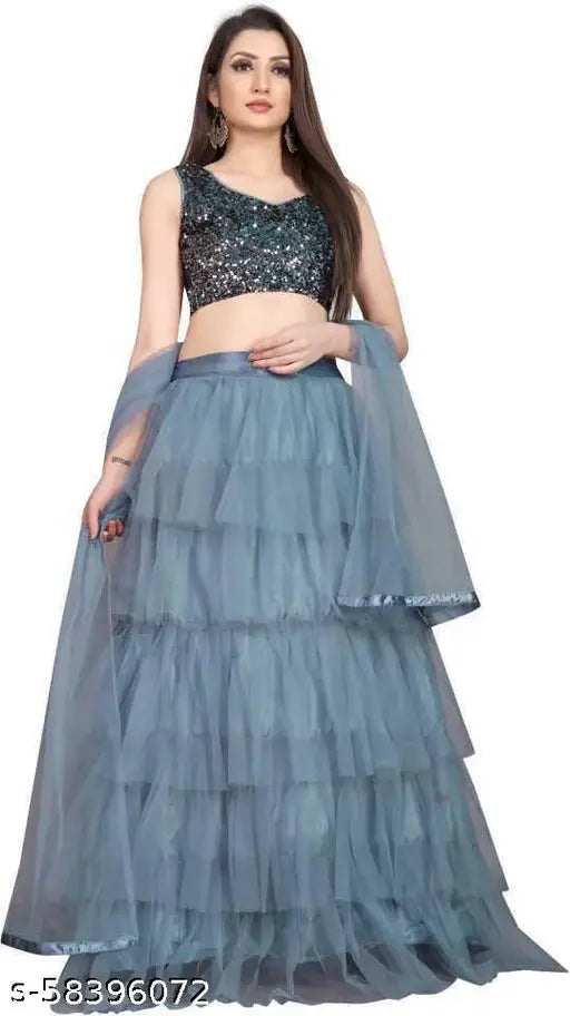Embellished khichadi net lehenga set in semi-stitched, Indian Bollywood style with 38m waist and 70m length