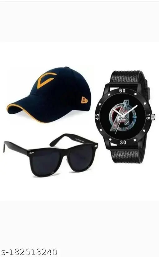 Indian-made mens pack: 3 ADNOCK caps, aviator dial watch & wayfarer sunglasses, cotton baseball cap with Virat inspires embroidery