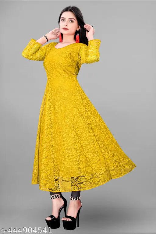 Embroidered green printed long gown in net fabric, 3/4 sleeve and round neck design, ideal for party wear and festive events