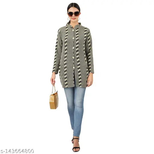 Dimsy Collection winter outfit: Woolen shrug-style cardigan with ribbed trim, paired with a matching woolen kurti