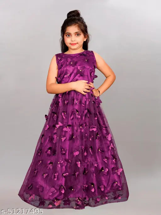 Purple net frock dress, long sleeve, knee length, girls party wear