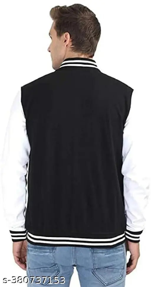 Black varsity jacket with white stripes