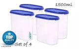 Plastic modular container set with blue lids, 1500ml capacity, suitable for storage of tea, coffee or sugar, air tight for freshness