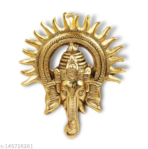 Golden metal Ganesh idol wall hanging sculpture, traditional design with antique finish, perfect for Diwali, wedding, birthday, corporate gifts, or home decoration