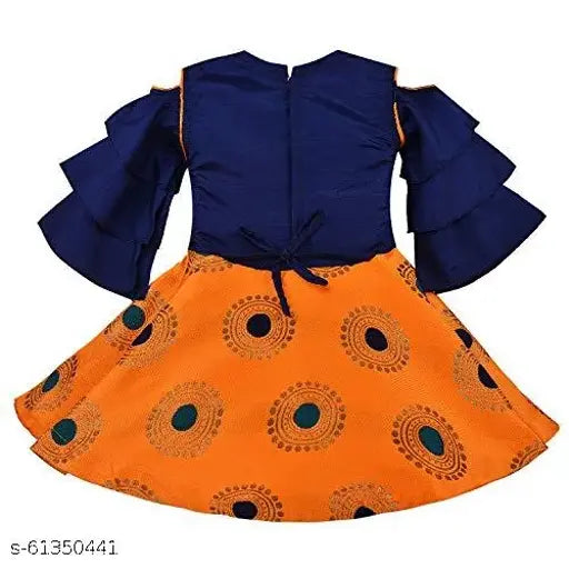 Orange and blue dress with puffy shoulders, lace trim, dainty floral pattern