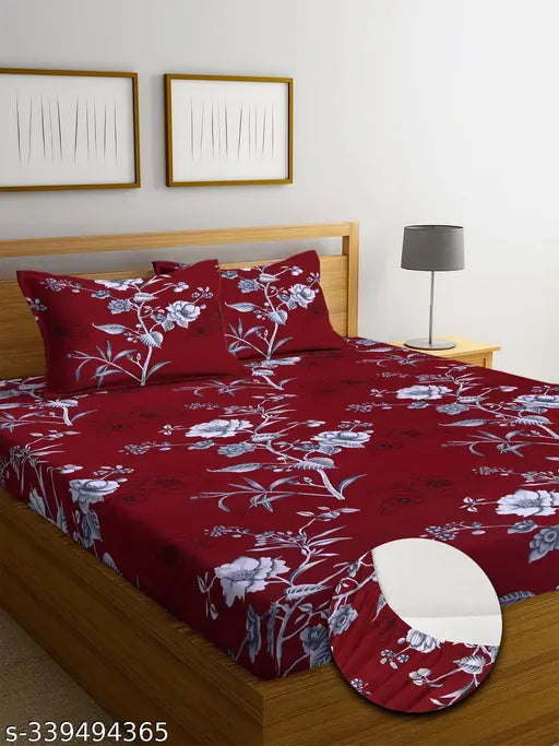 Premium cotton, botanical-print elastic double bedsheet with 2 pillow covers, supersoft 72x78+10 inches