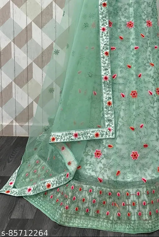 Pink net lehenga choli with embroidery, ideal for weddings, parties. Semi-stitched blouse with extra inner and 2.5m dupatta, perfect for special occasions