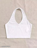 Cotton halter neck crop top, sleeveless and ribbed for women, solid color, size S (32in bust, 18in length) from India