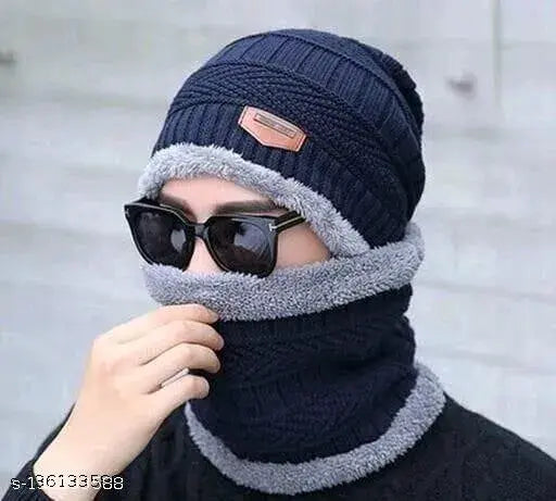 Woolen beanie cap & scarf set, ultra-soft, unisex, warm, snow-proof (India)