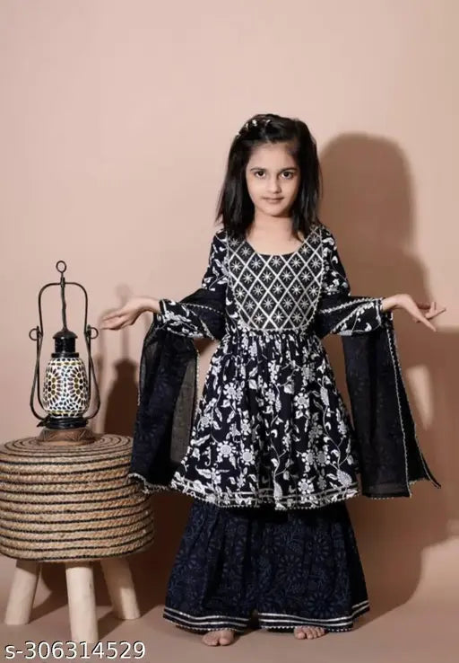 Black Rayon Anarkali Sharara with Embroidered Dupatta for Baby Fashion