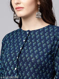 Blue & White Cotton Anarkali Jumpsuit with Geometric Print, Round Buttoned Neck, 3/4th Sleeves - Casual to Festive Wear Set for Women & Teen Girls