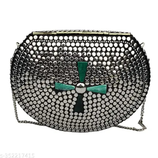 Silver and green metal clutch with a chain strap, suitable for wedding party or formal events