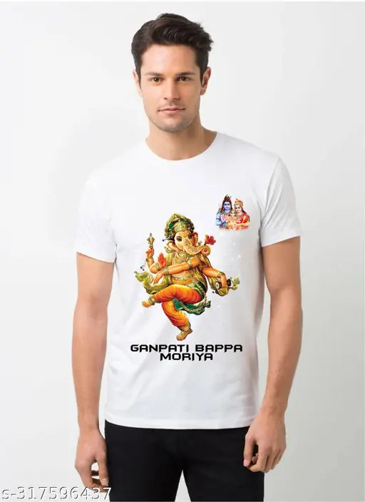 Cotton blend Ganpati festival T-shirt, printed with Hindu deity artwork on short sleeves, available in M, L, XL, XXL sizes (M: 38in chest)