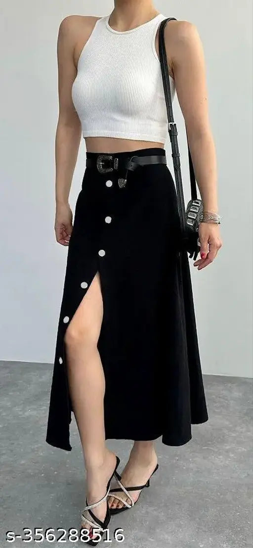 Black denim a-line skirt with buttons