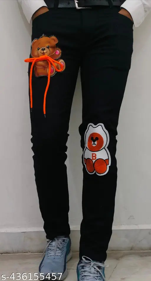 Black denim men's jeans with teddy bear embroidery