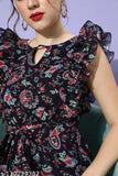 Multicolor polyester floral jumpsuit, Miss Chase women's solid round neck, sleeveless with frills and tie-up details